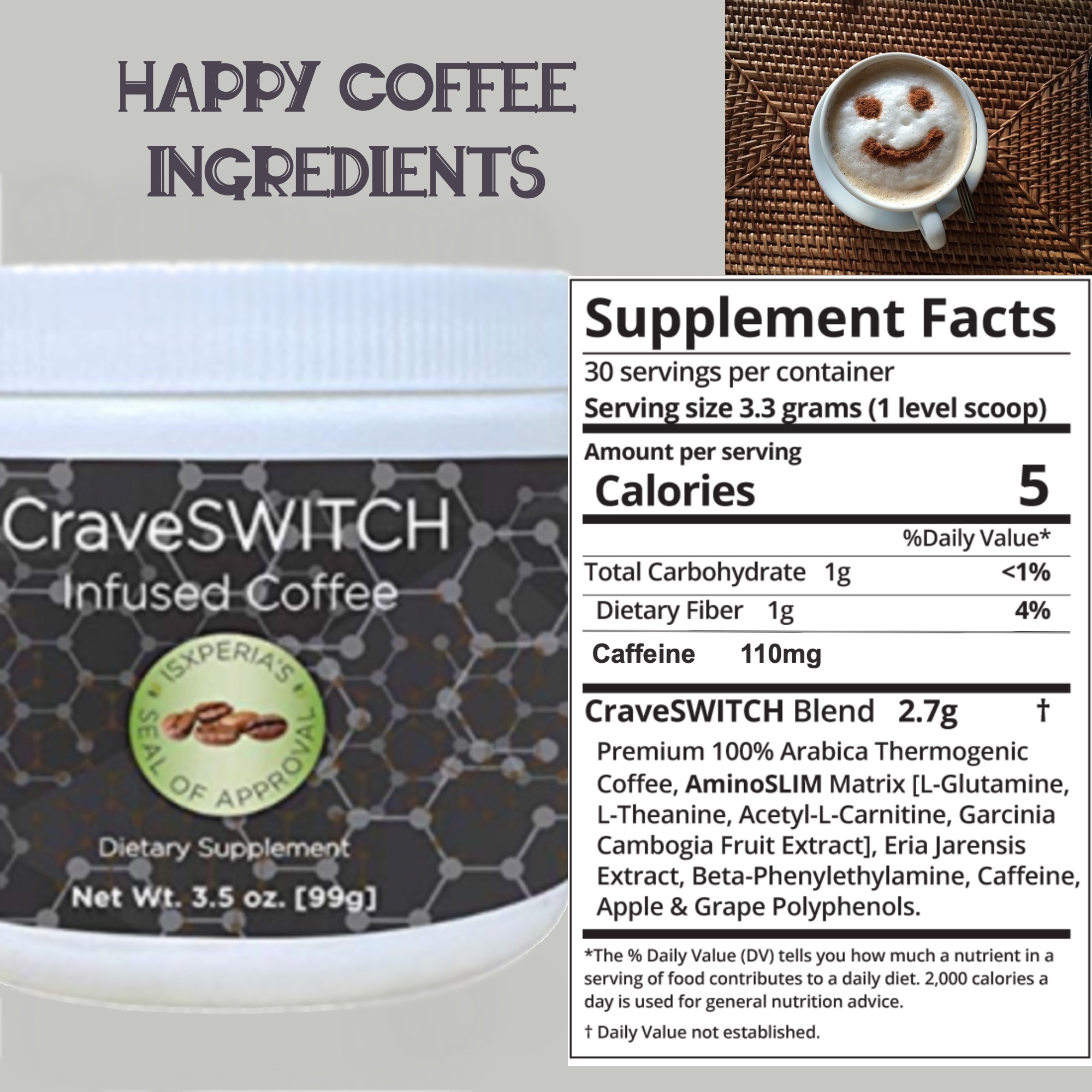 CraveSWITCH Bold Coffee - Colombian Arabica Coffee with Antioxidants - Infused Nootropic Thermogenic Smart Coffee - Naturally Support Energy Levels - 3.5 Oz Powder Mix, 30 Servings